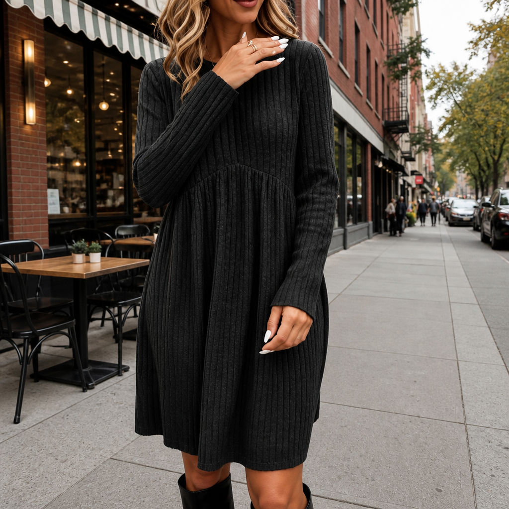 High-Waist Geripptes Strick-A-Linien-Midi-Kleid