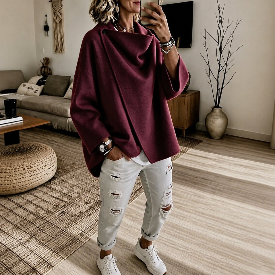 Asymmetrische Wickelcape-Jacke mit Knopfverschluss