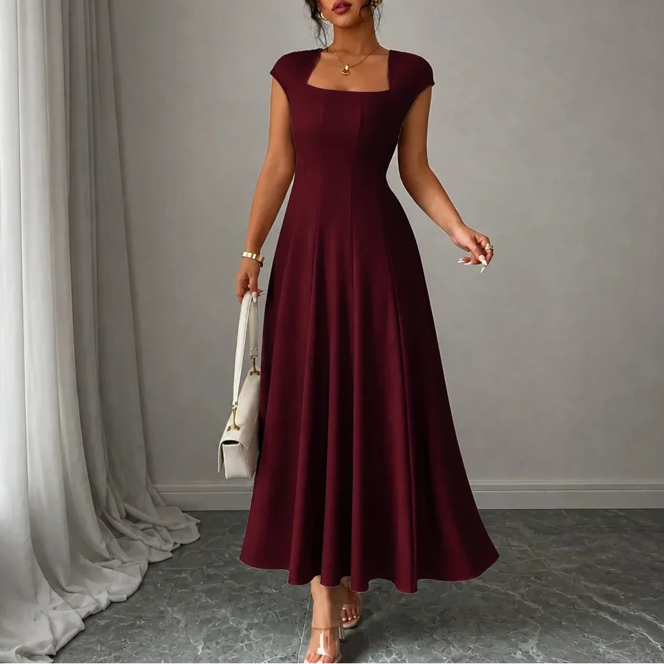 Quadratisches Ausschnitt A-Linien-Midikleid mit geformter Taille