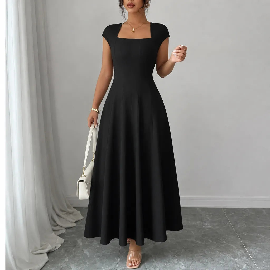 Quadratisches Ausschnitt A-Linien-Midikleid mit geformter Taille