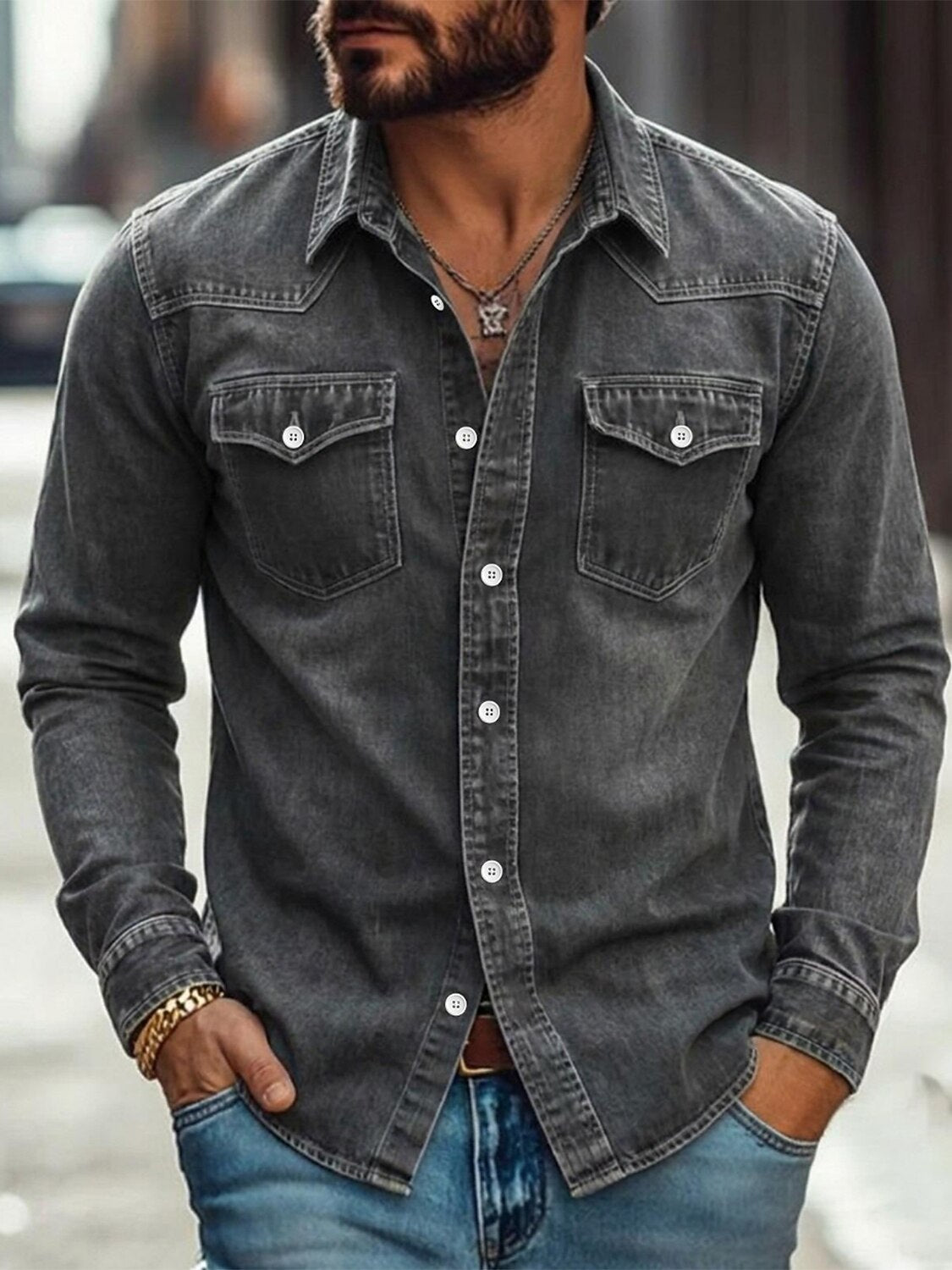 Vintage Washed Cotton Denim Arbeitshemd