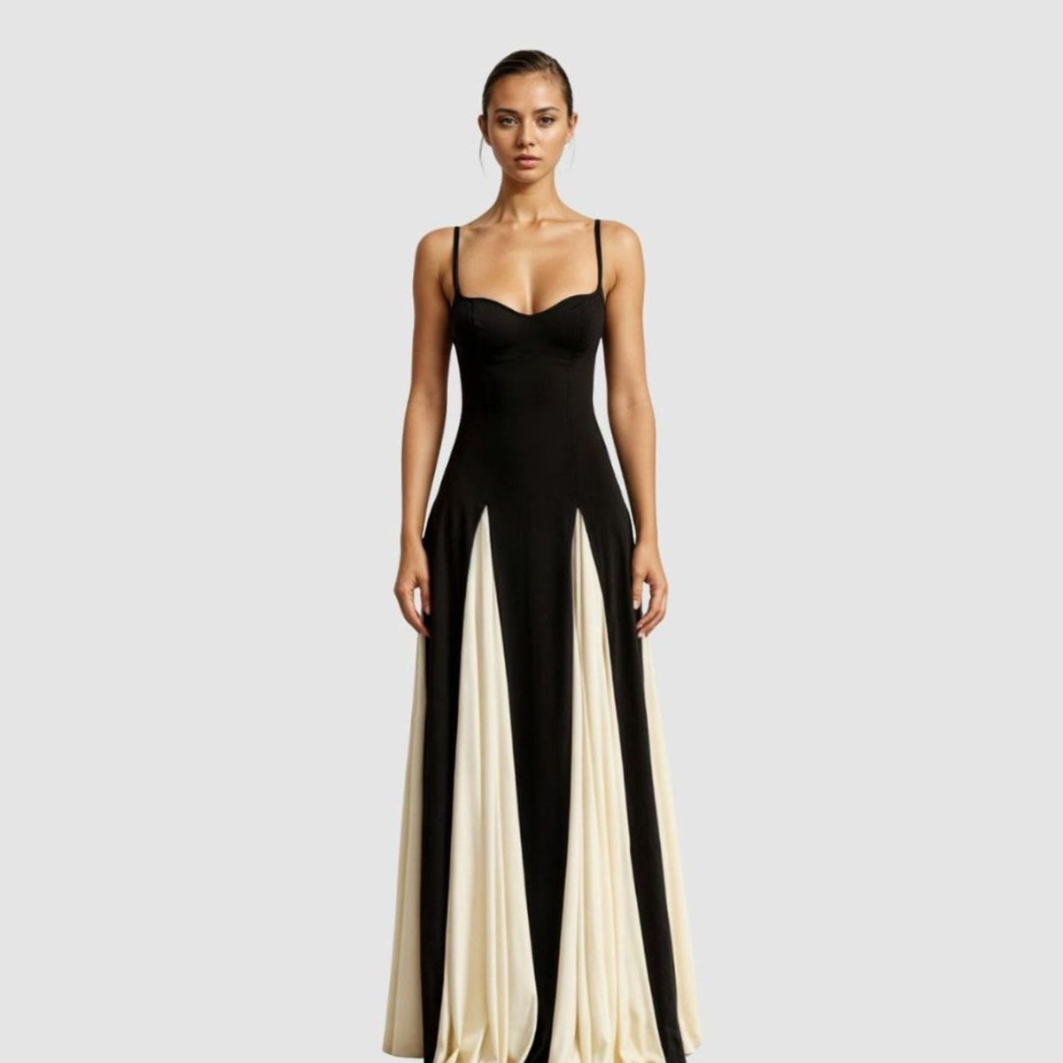 Damen Formelles Maxi-Kleid mit Herzausschnitt und zweifarbigem ausgestelltem Rock