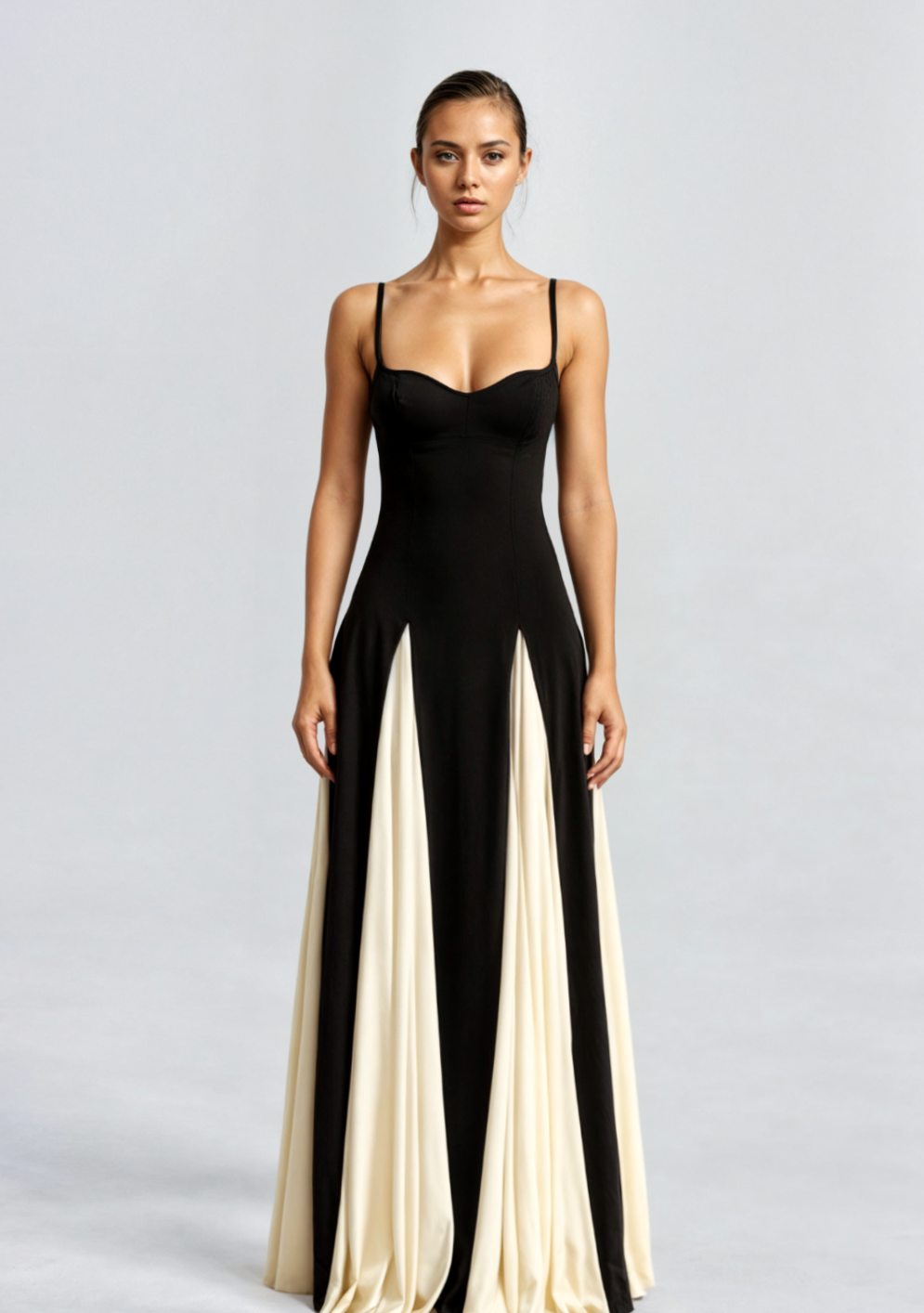 Damen Formelles Maxi-Kleid mit Herzausschnitt und zweifarbigem ausgestelltem Rock